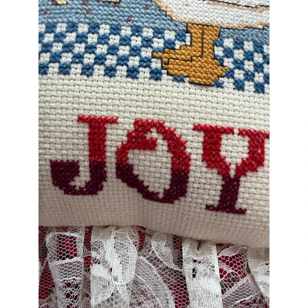 VTG Cross Stitch Christmas Goose Pillow Small Red Joy Lace Ruffle Cottagecore